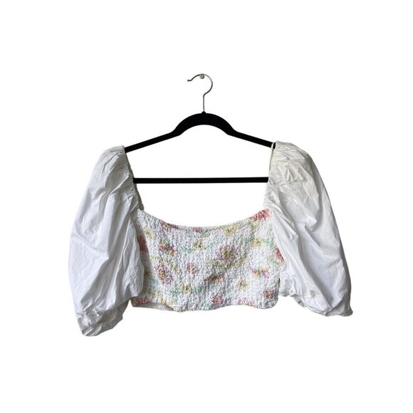 Zara Fairy Y2K Cropped Top Smocked Puff Sleeve Cottagecore White Floral Coquette - Picture 2 of 4